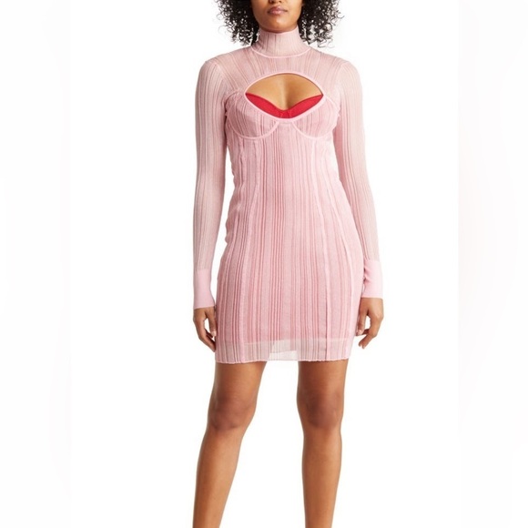 HERVE LEGER / NWT NEW layered sheer ribbed plated mini dress in pink medium m - Picture 4 of 6